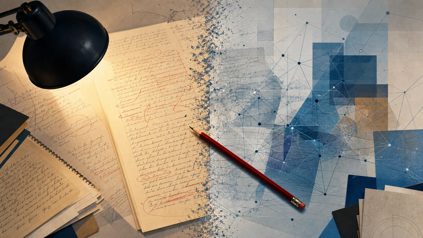 An editorial illustration in which handwritten drafts under a warm desk lamp meet a field of blue geometric lines, with a red pencil marking the boundary.