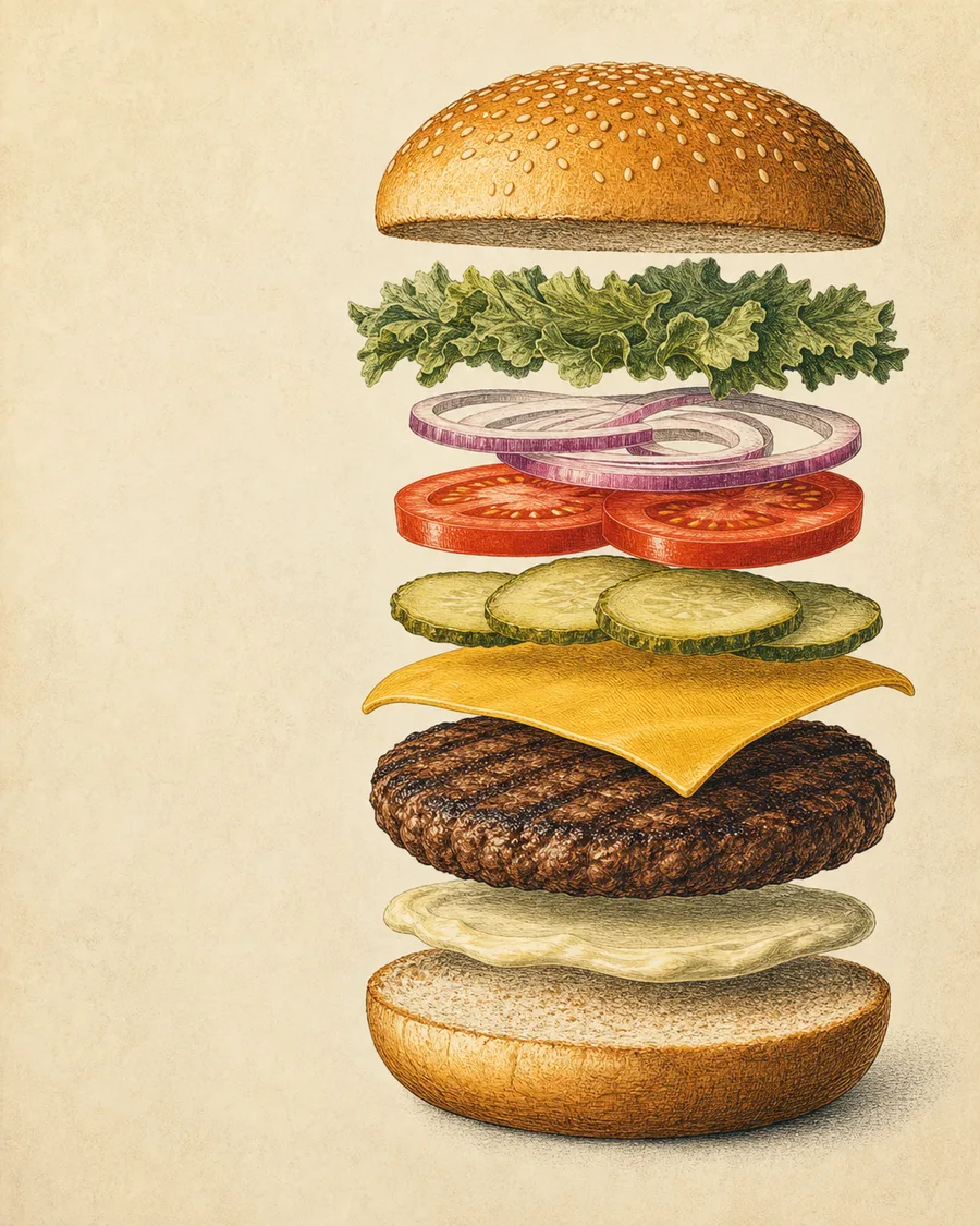 An exploded hamburger with the top bun, vegetables, cheese, patty, sauce, and bottom bun separated into visible layers.