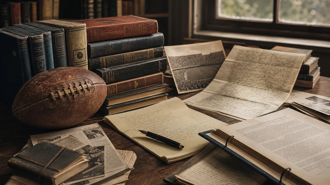 A historian’s research table with an old leather football, books, archival photographs, a map, handwritten notes, and a fountain pen.